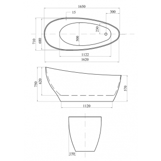 KEYA 1650x700 mm, čierna / biela farba VANSAP16BW vaňa voľne stojaca z liateho mramoru