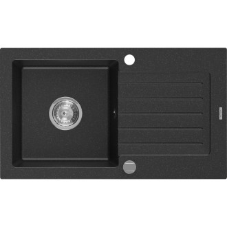 Jednodrezový žulový drez Mexen Pablo s odkvapkávačom 752 x 436 mm, čierna/strieborná metalíza, chrómovaný sifón - 6510751010-73