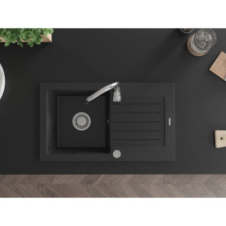 Jednodrezový žulový drez Mexen Pablo s odkvapkávačom 752 x 436 mm, čierna/strieborná metalíza, chrómovaný sifón - 6510751010-73