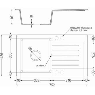 Jednodrezový žulový drez Mexen Pablo s odkvapkávačom 752 x 436 mm, čierna/strieborná metalíza, chrómovaný sifón - 6510751010-73