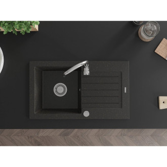 Jednodrezový žulový drez Mexen Pablo s odkvapkávačom 752 x 436 mm, čierna / zlatá metalíza, chrómovaný sifón - 6510751010-75