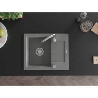 Jednodrezový žulový drez Mexen Enzo s odkvapkávačom 576 x 465 mm, sivý, chrómovaný sifón - 6506571005-71