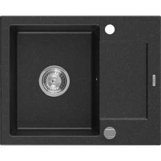 Jednodrezový žulový drez Mexen Enzo s odkvapkávačom 576 x 465 mm, čierna / strieborná metalíza, chrómovaný sifón - 6506571005-73