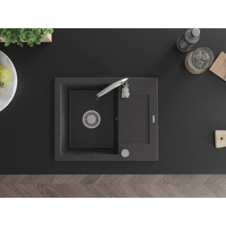 Jednodrezový žulový drez Mexen Enzo s odkvapkávačom 576 x 465 mm, čierna bodka, chrómovaný sifón - 6506571005-76