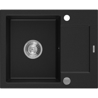 Jednodrezový žulový drez Mexen Enzo s odkvapkávačom 576 x 465 mm, čierny, chrómovaný sifón - 6506571005-77