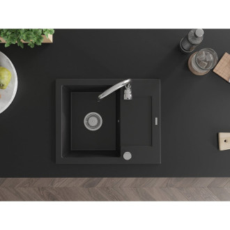 Jednodrezový žulový drez Mexen Enzo s odkvapkávačom 576 x 465 mm, čierny, chrómovaný sifón - 6506571005-77