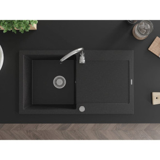 Jednodrezový žulový drez Mexen Leo s odkvapkávačom 900 x 500 mm, čierna/strieborná metalíza, chrómovaný sifón - 6501901010-73