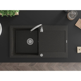 Jednodrezový žulový drez Mexen Leo s odkvapkávačom 900 x 500 mm, čierna/zlatá metalíza, chrómovaný sifón - 6501901010-75