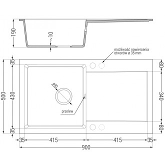 Jednodrezový žulový drez Mexen Leo s odkvapkávačom 900 x 500 mm, čierna/zlatá metalíza, chrómovaný sifón - 6501901010-75
