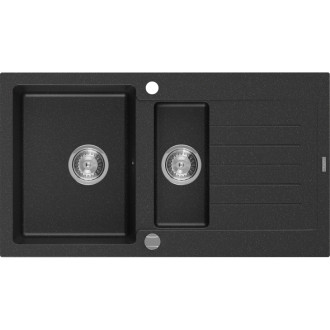 Žulový drez Mexen Matias 1,5 drezu s odkvapkávačom 900 x 505 mm, čierna/strieborná metalíza, chrómovaný sifón - 6502901505-73