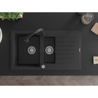 Žulový drez Mexen Matias 1,5 drezu s odkvapkávačom 900 x 505 mm, čierna/strieborná metalíza, chrómovaný sifón - 6502901505-73
