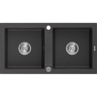 Dvojrezový žulový drez Mexen Mario 820 x 436 mm, čierna bodkovaná, chrómovaný sifón - 6504822000-76