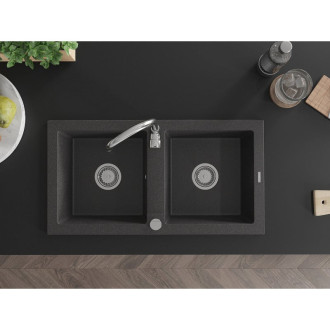 Dvojrezový žulový drez Mexen Mario 820 x 436 mm, čierna bodkovaná, chrómovaný sifón - 6504822000-76