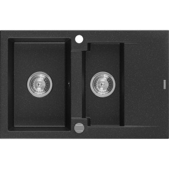 Žulový drez Mexen Gaspar 1,5 drezu s odkvapkávačom 737 x 475 mm, čierna/strieborná metalíza, chrómovaný sifón - 6507731505-73