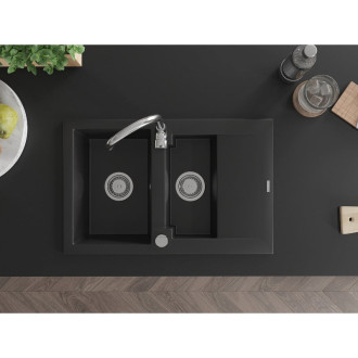 Žulový drez Mexen Gaspar 1,5-drezový s odkvapkávačom 737 x 475 mm, čierny, chrómovaný sifón - 6507731505-77