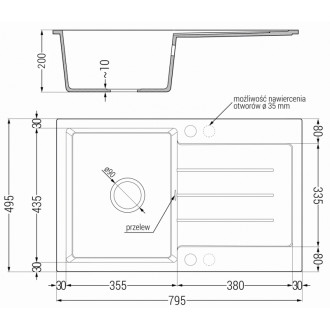 Jednodrezový žulový drez Mexen Bruno s odkvapkávačom 795 x 495 mm, čierna/strieborná metalíza, chrómovaný sifón - 6513791010-73