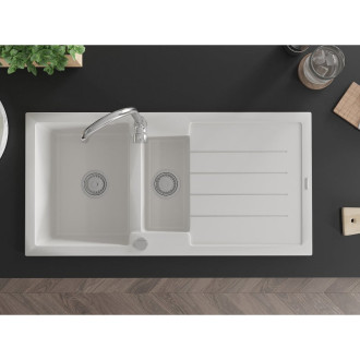 Žulový drez Mexen Andres 1,5 drezu s odkvapkávačom 1000 x 500 mm, biely, chrómovaný sifón - 6515101510-20