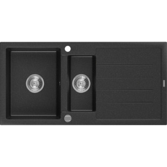 Žulový drez Mexen Andres 1,5 drezu s odkvapkávačom 1000 x 500 mm, čierna/strieborná metalíza, chrómovaný sifón - 6515101510-73