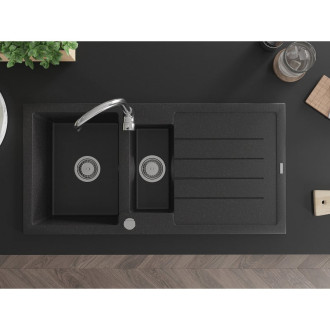 Žulový drez Mexen Andres 1,5 drezu s odkvapkávačom 1000 x 500 mm, čierna/strieborná metalíza, chrómovaný sifón - 6515101510-73