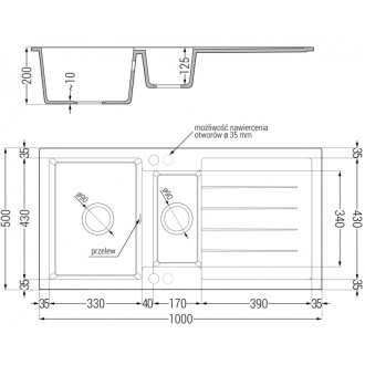 Žulový drez Mexen Andres 1,5 drezu s odkvapkávačom 1000 x 500 mm, čierna/strieborná metalíza, chrómovaný sifón - 6515101510-73