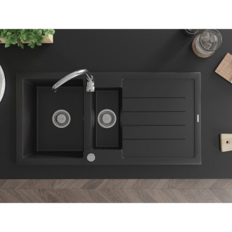 Žulový drez Mexen Andres 1,5 drezu s odkvapkávačom 1000 x 500 mm, čierny, chrómovaný sifón - 6515101510-77