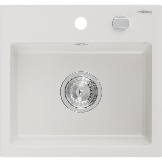 Jednodrezový žulový drez Mexen Milo 435 x 410 mm, biely, chrómovaný sifón - 6505441000-20