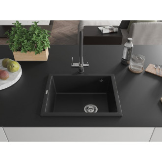 Jednodrezový žulový drez Mexen Pedro 560 x 460 mm, čierny, chrómovaný sifón - 6508561000-77