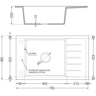 Jednodrezový žulový drez Mexen Elias s odkvapkávačom 795 x 480 mm, biely, chrómovaný sifón - 6511791005-20