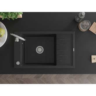 Jednodrezový žulový drez Mexen Elias s odkvapkávačom 795 x 480 mm, čierna/strieborná metalíza, chrómovaný sifón - 6511791005-73