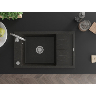 Jednodrezový žulový drez Mexen Elias s odkvapkávačom 795 x 480 mm, čierna/zlatá metalíza, chrómovaný sifón - 6511791005-75