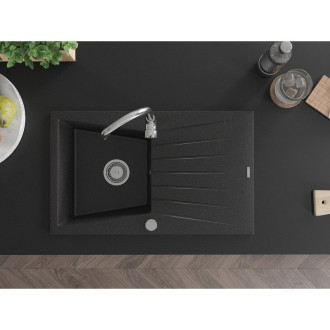 Jednodrezový žulový drez Mexen Cesar s odkvapkávačom 775 x 470 mm, čierna/strieborná metalíza, chrómovaný sifón - 6514771010-73