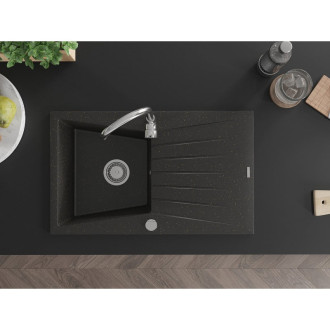 Jednodrezový žulový drez Mexen Cesar s odkvapkávačom 775 x 470 mm, čierna / zlatá metalíza, chrómovaný sifón - 6514771010-75