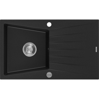Jednodrezový žulový drez Mexen Cesar s odkvapkávačom 775 x 470 mm, čierny, chrómovaný sifón - 6514771010-77