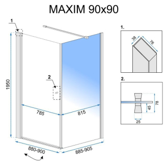Rea sklenený kút priehľadný bez vaničky 90x90x195 vpravo Maxim REA-K0267
