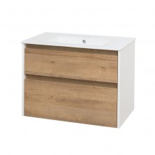 Mereo Opto kúpeľňová skrinka s keramickým umývadlom, spodná, biela/dub, 2 zásuvky CN931