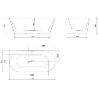 Voľne stojaca závesná vaňa Mexen Oval Slim 170 x 80 cm, biela/čierna, kartáčovaný prepad vo farbe gun gray - 52661708075-66