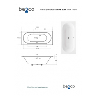 BESCO vaňa VITAE SLIM 180 (1800x800 mm), bez nožičiek VANVITAE180SLIM