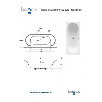BESCO vaňa VITAE SLIM PLUS 180 (1800x800 mm), bez nožičiek VANVIT18SLIMPLU