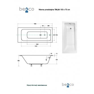BESCO vaňa TALIA SLIM 150 (1500x700 mm), bez nožičiek VANTAL15SLIM