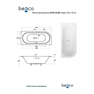 BESCO vaňa AVITA SLIM PLUS 150 1500x750 mm, pravé prevedenie, bez nožičiek VANAVIT15SLIMPP