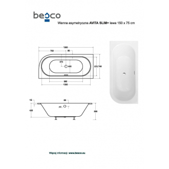 BESCO vaňa AVITA SLIM PLUS 150 (1500x750 mm), ľavé prevedenie, bez nožičiek VANAVIT15SLIMLP