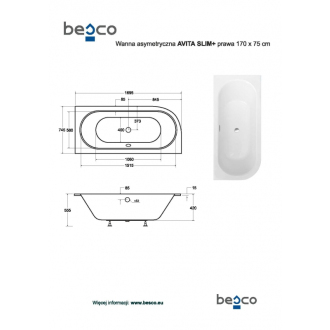 BESCO vaňa AVITA SLIM PLUS 170 1700x750 mm, pravé prevedenie, bez nožičiek VANAVIT17SLIMPP