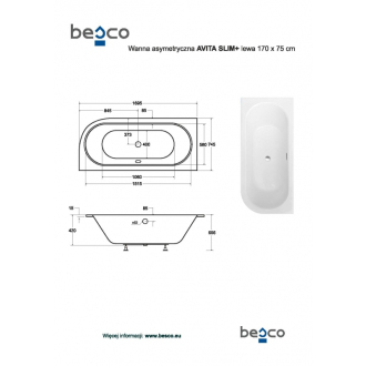 BESCO vaňa AVITA SLIM PLUS 170 1700x750 mm, ľavé prevedenie, bez nožičiek VANAVIT17SLIMLP