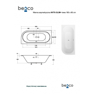 BESCO vaňa AVITA SLIM PLUS 180 1800x800 mm, pravé prevedenie, bez nožičiek VANAVIT18SLIMPP