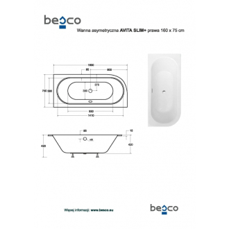 BESCO vaňa AVITA SLIM PLUS 180 1800x800 mm, pravé prevedenie, bez nožičiek VANAVIT18SLIMPP