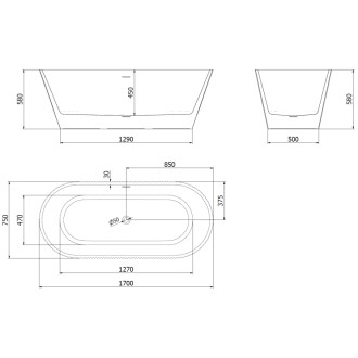 Voľne stojaca vaňa Mexen Yara s drážkovaným prepadom 170 x 75 cm, biela/čierna, chrómovaný prepad - 52861707575-01