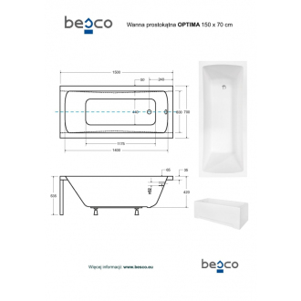 BESCO vaňa OPTIMA 150 (1500x700 mm), bez nožičiek VANOPT15
