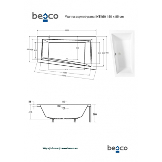 BESCO vaňa INTIMA 150 (1500x850 mm), pravé prevedenie, bez nožičiek VANINTI15P