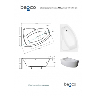 BESCO vaňa RIMA 130 (1300x850 mm), ľavé prevedenie, bez nožičiek VANRIM130L
