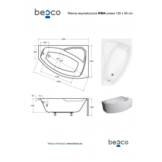 BESCO vaňa RIMA 150 (1500x950 mm), pravé prevedenie, bez nožičiek VANRIM150P
